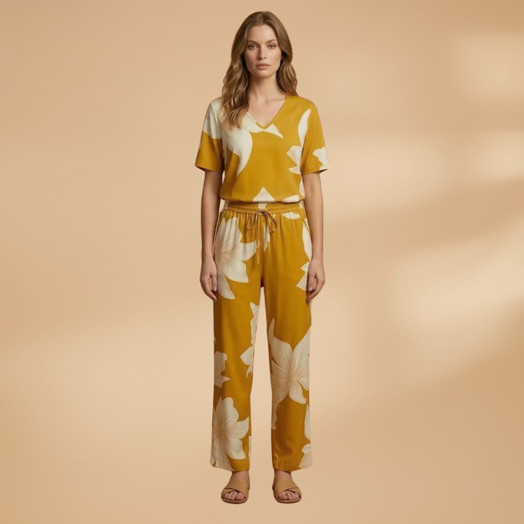 Women’s Two‑Piece Set with Floral Top and Wide Trousers