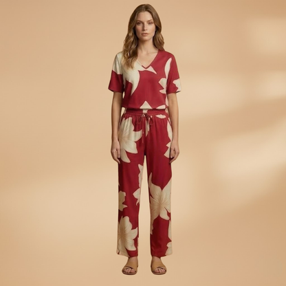 Women’s Two‑Piece Set with Floral Top and Wide Trousers