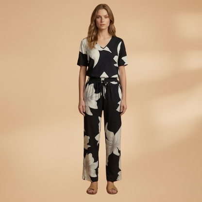 Women’s Two‑Piece Set with Floral Top and Wide Trousers
