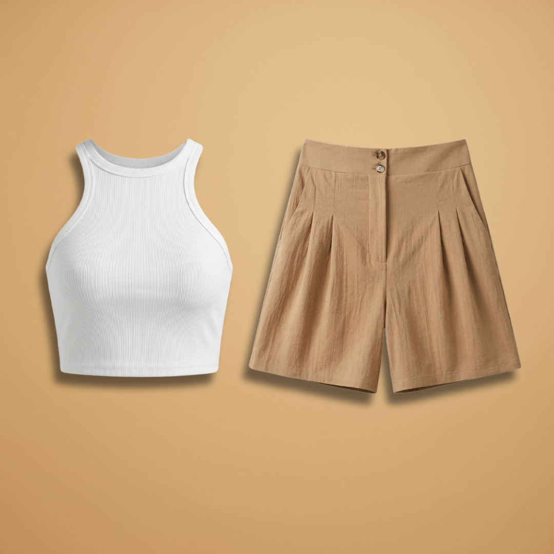 Women’s Two‑Piece Set with Ribbed Top and Pleated Skirt