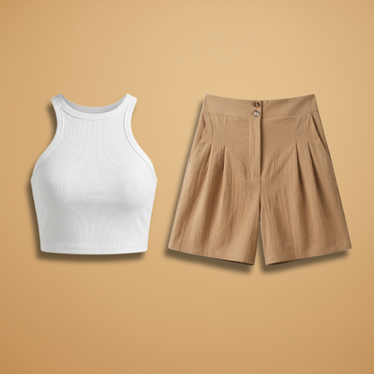 Women’s Two‑Piece Set with Ribbed Top and Pleated Skirt