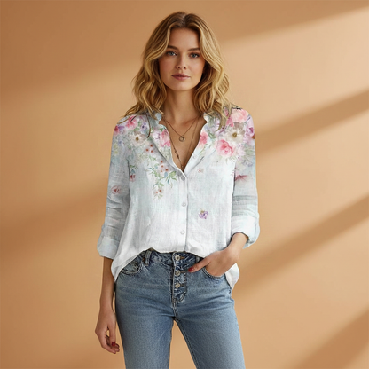 Women's V-Neck Blouse with Butterfly Print and Loose Fit