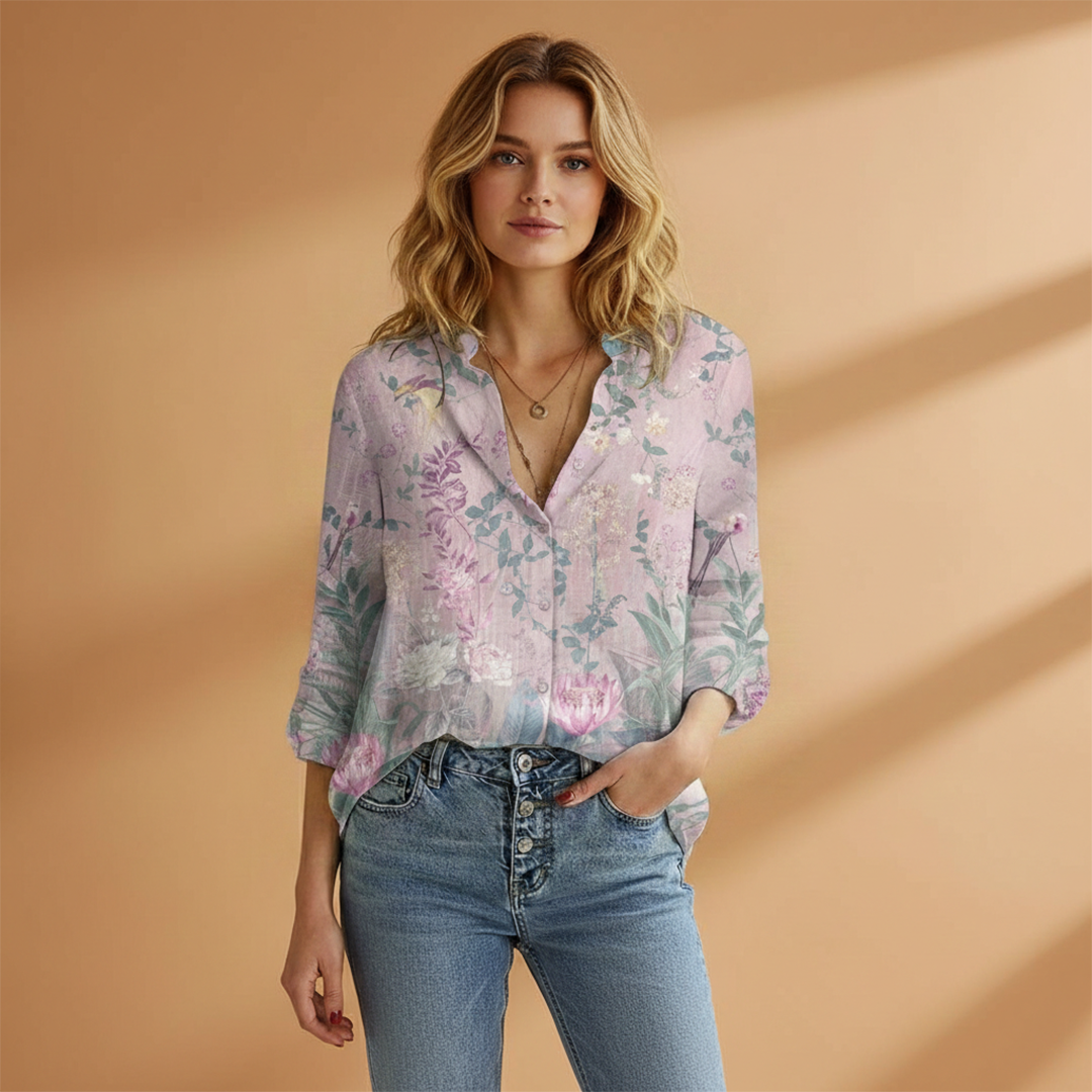 Women's V-Neck Blouse with Butterfly Print and Loose Fit