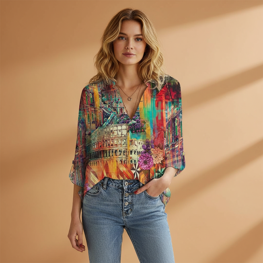 Women's V-Neck Blouse with Butterfly Print and Loose Fit