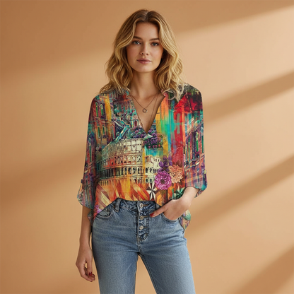Women's V-Neck Blouse with Butterfly Print and Loose Fit