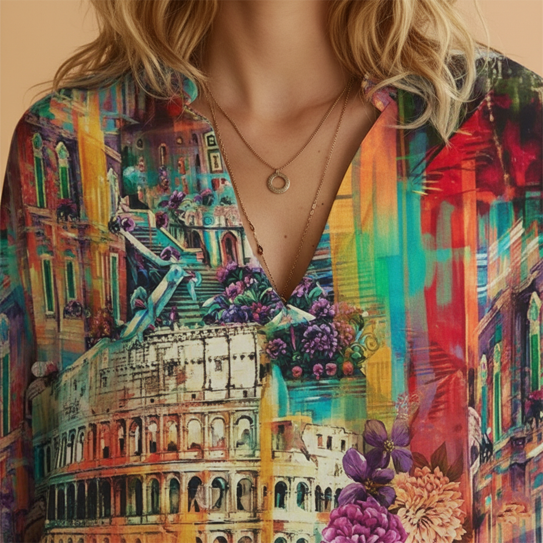 Women's V-Neck Blouse with Butterfly Print and Loose Fit