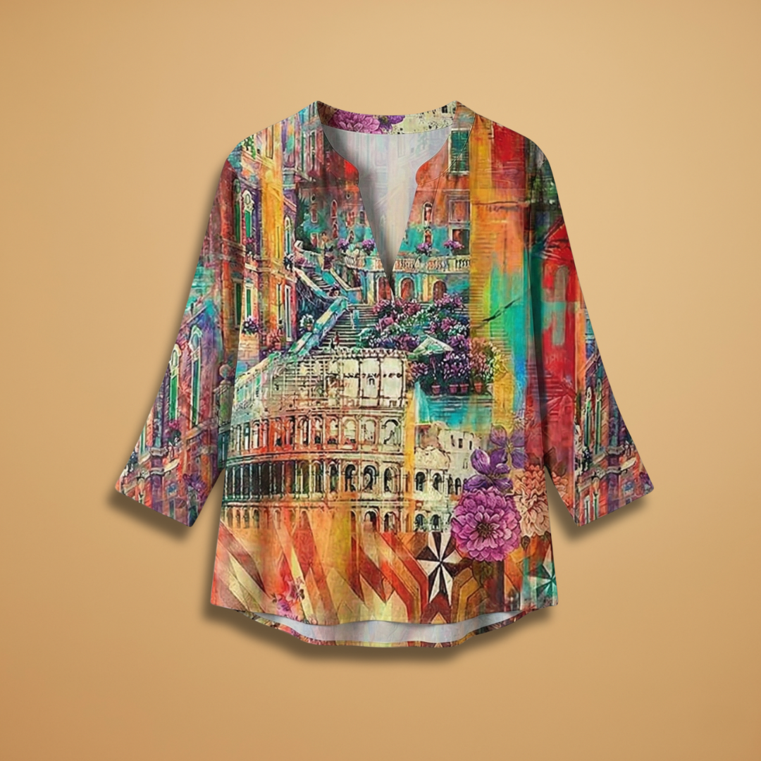 Women's V-Neck Blouse with Butterfly Print and Loose Fit