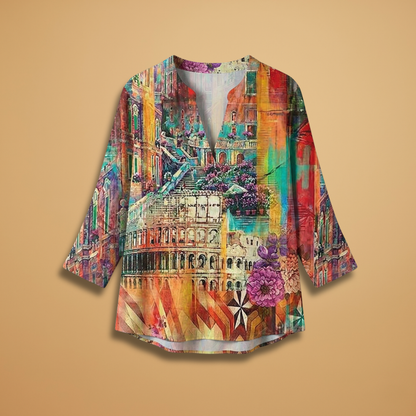 Women's V-Neck Blouse with Butterfly Print and Loose Fit