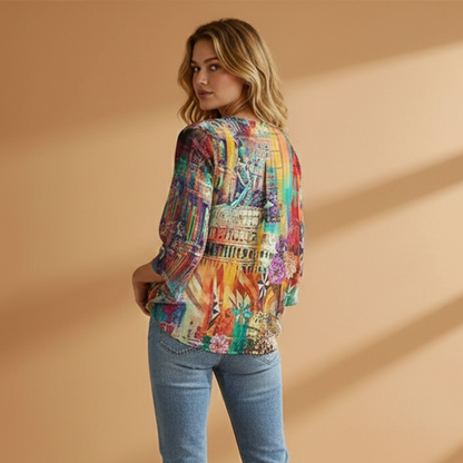 Women's V-Neck Blouse with Butterfly Print and Loose Fit
