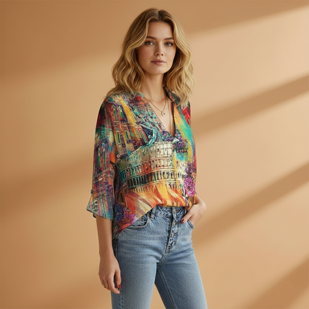 Women's V-Neck Blouse with Butterfly Print and Loose Fit