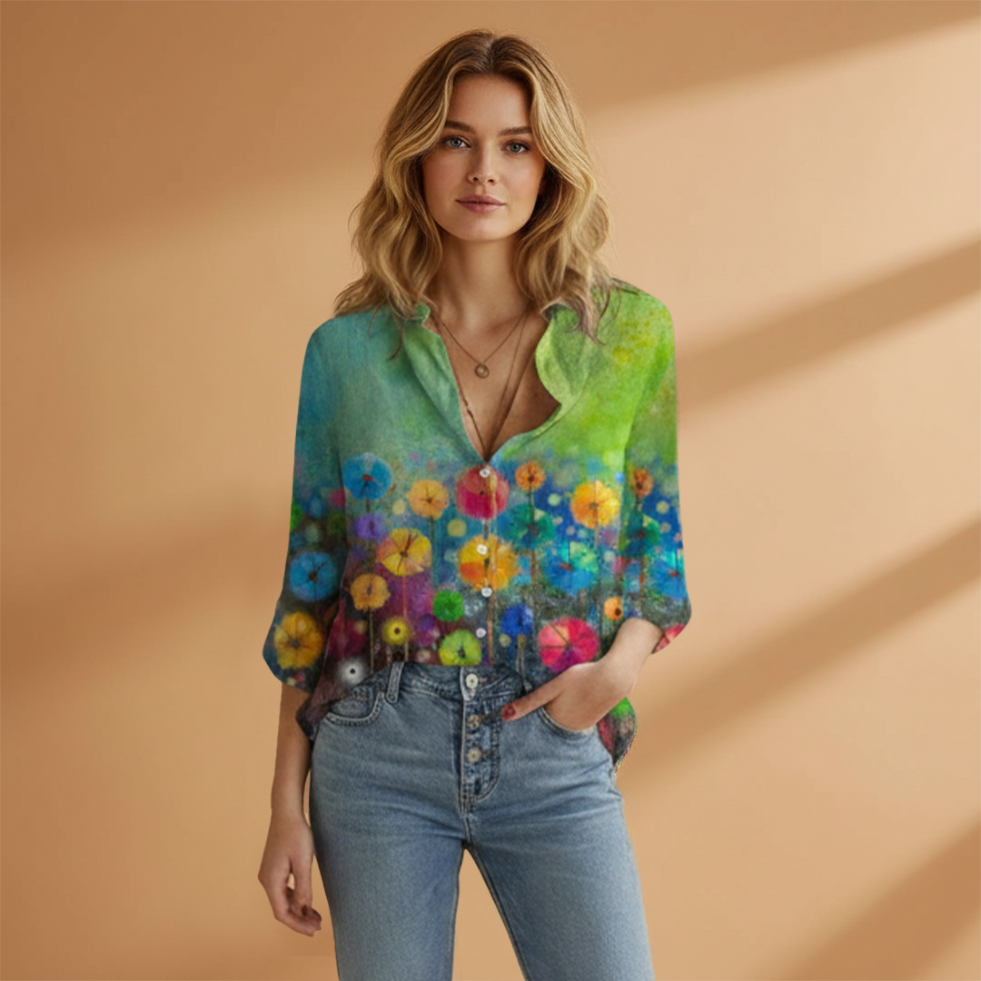 Women's V-Neck Blouse with Butterfly Print and Loose Fit