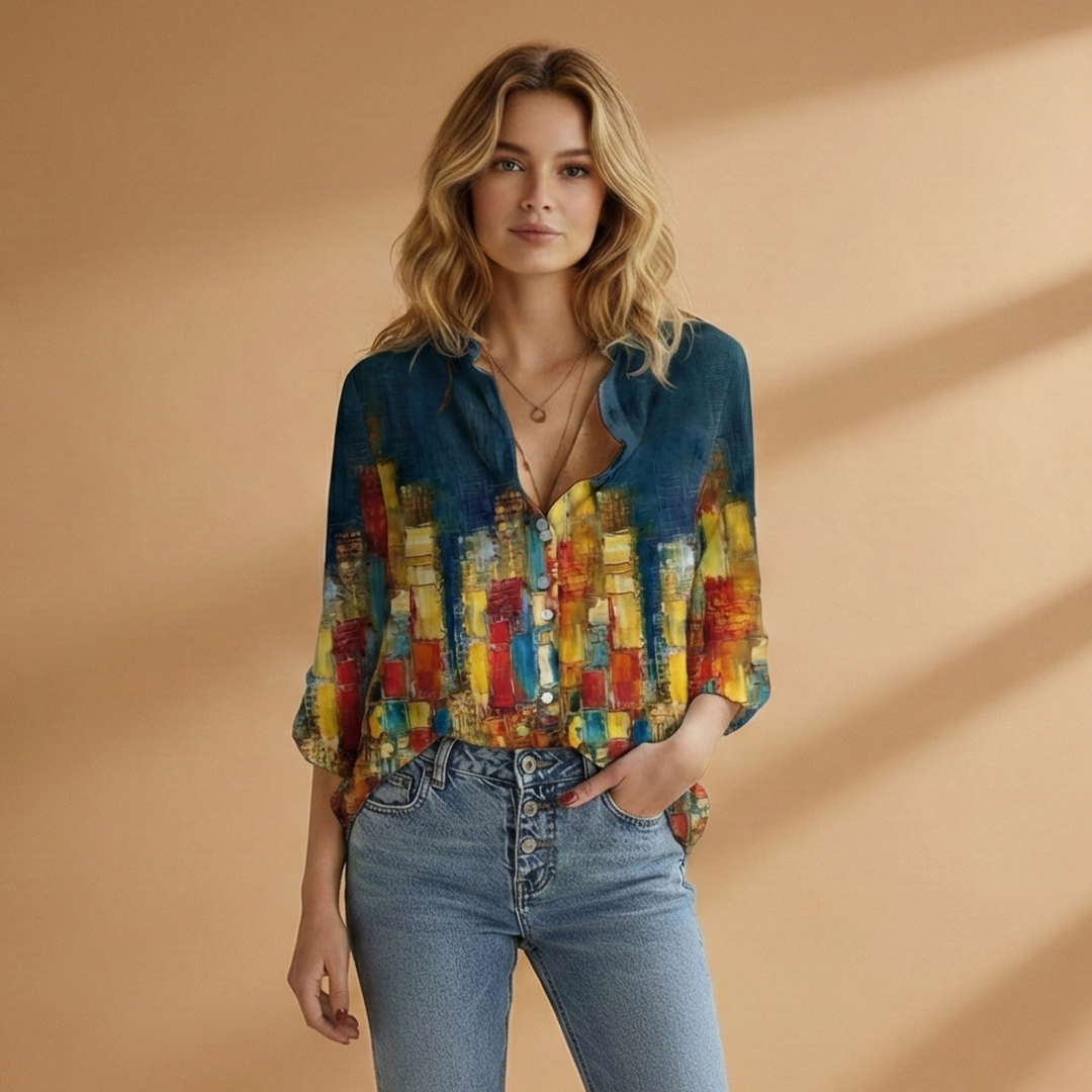 Women's V-Neck Blouse with Butterfly Print and Loose Fit