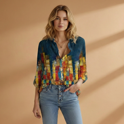 Women's V-Neck Blouse with Butterfly Print and Loose Fit