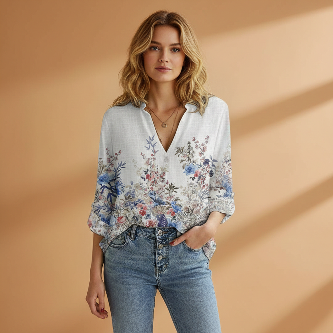 Women's V-Neck Blouse with Butterfly Print and Loose Fit