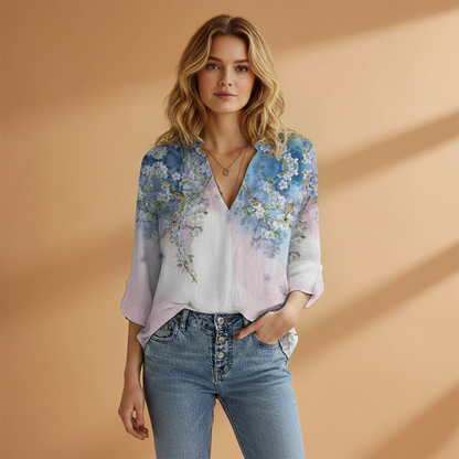 Women's V-Neck Blouse with Butterfly Print and Loose Fit