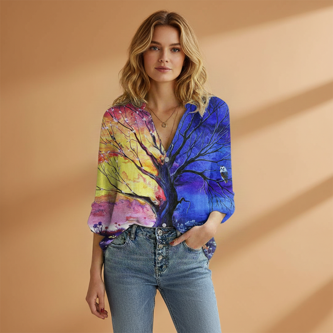 Women's V-Neck Blouse with Butterfly Print and Loose Fit