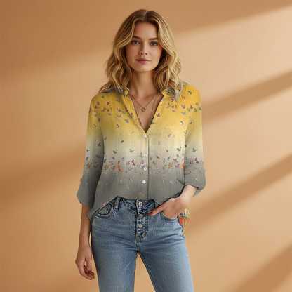 Women's V-Neck Blouse with Butterfly Print and Loose Fit