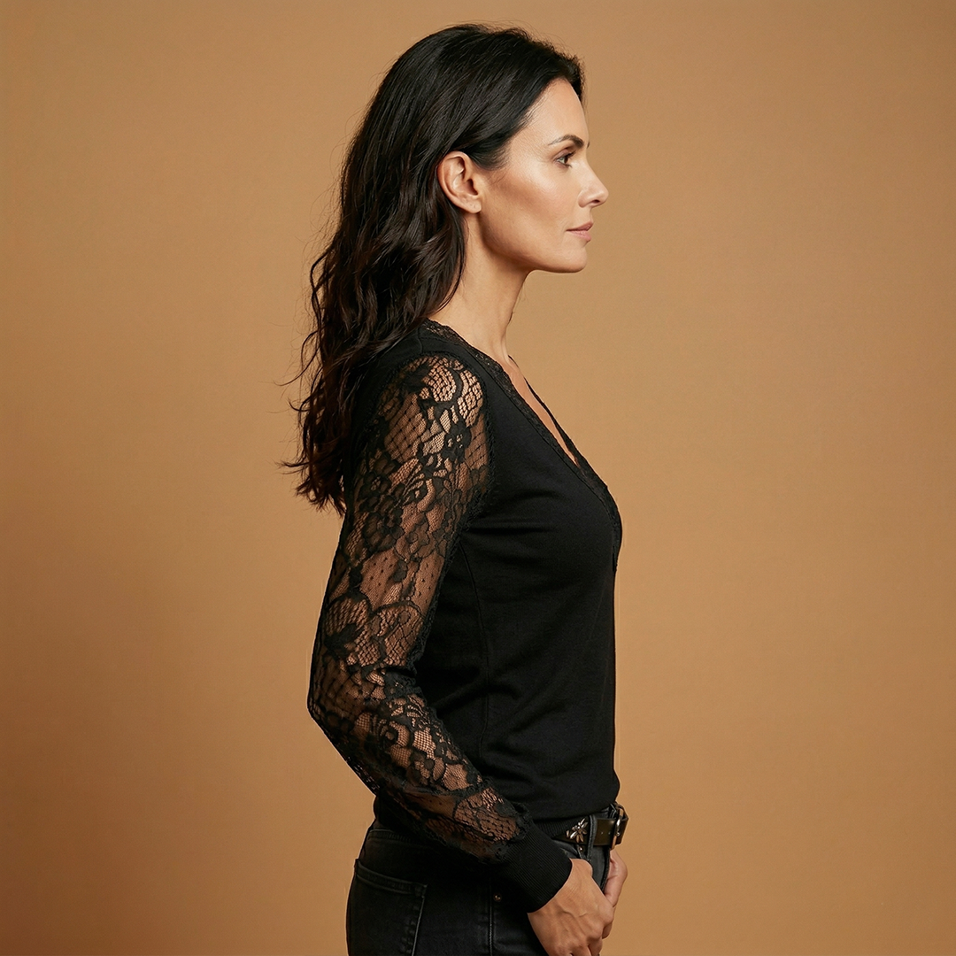 Women's V-Neck Blouse with Lace Sleeves and Lace Inserts