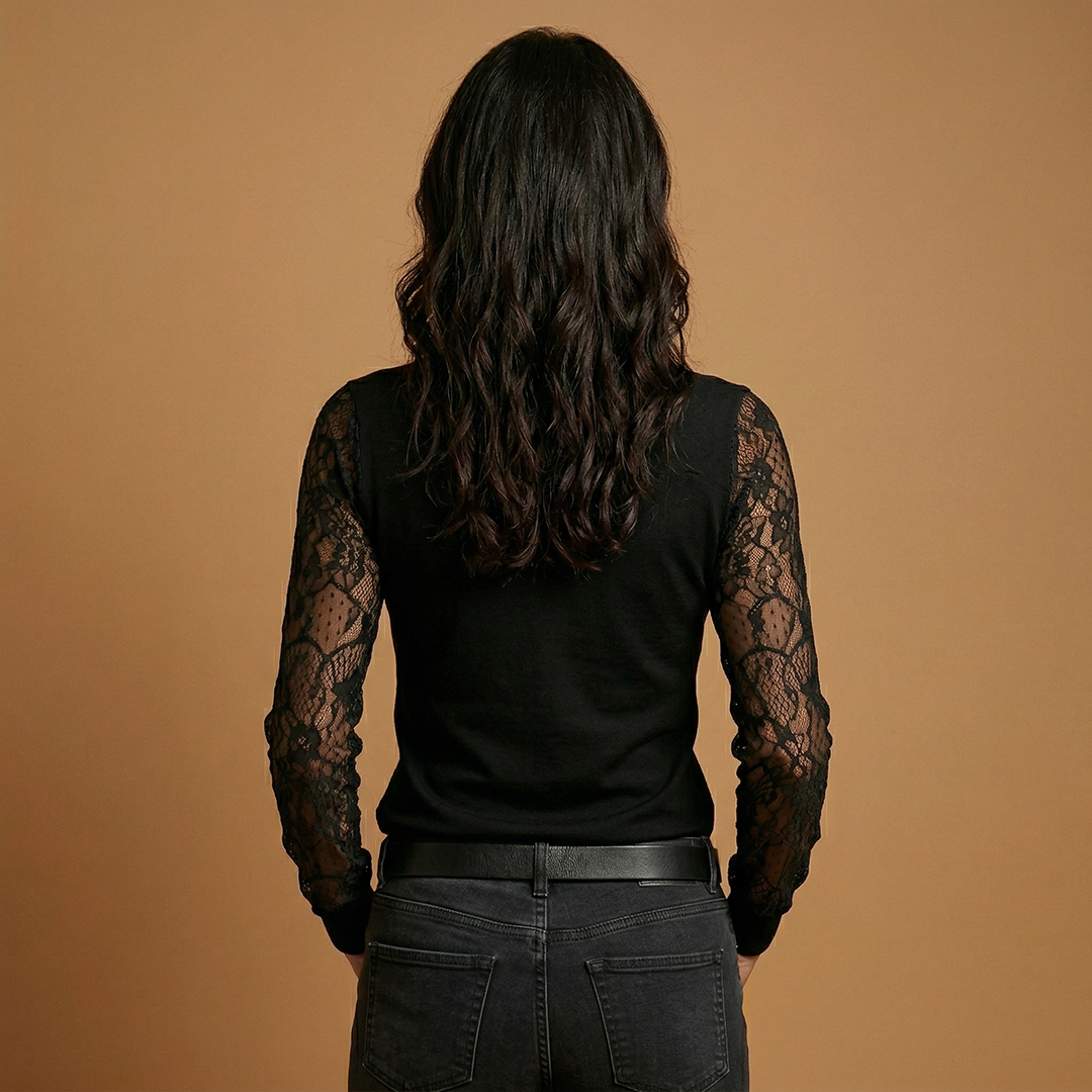 Women's V-Neck Blouse with Lace Sleeves and Lace Inserts