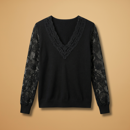 Women's V-Neck Blouse with Lace Sleeves and Lace Inserts