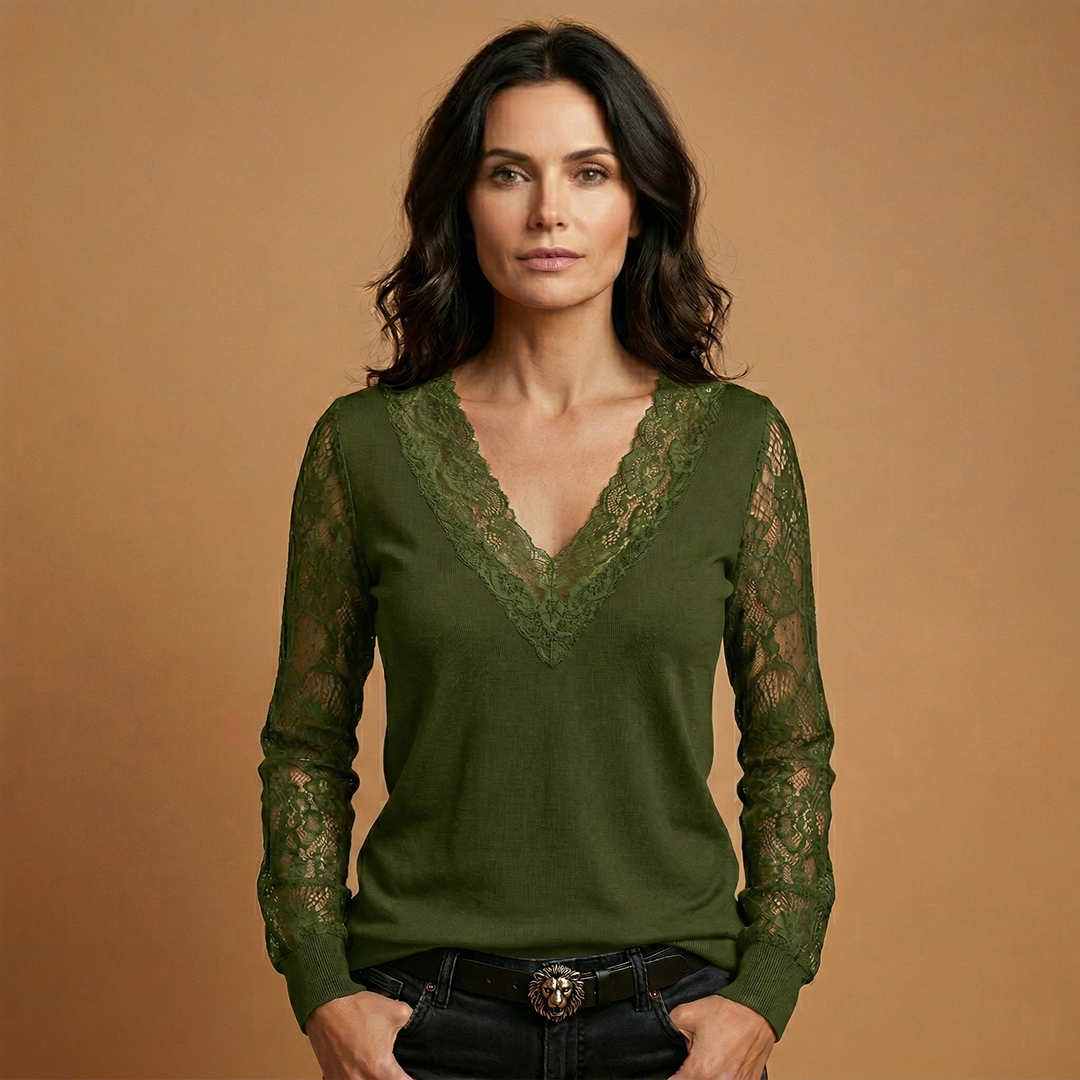 Women's V-Neck Blouse with Lace Sleeves and Lace Inserts
