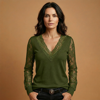 Women's V-Neck Blouse with Lace Sleeves and Lace Inserts