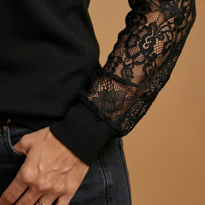 Women's V-Neck Blouse with Lace Sleeves and Lace Inserts
