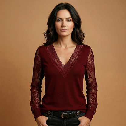 Women's V-Neck Blouse with Lace Sleeves and Lace Inserts