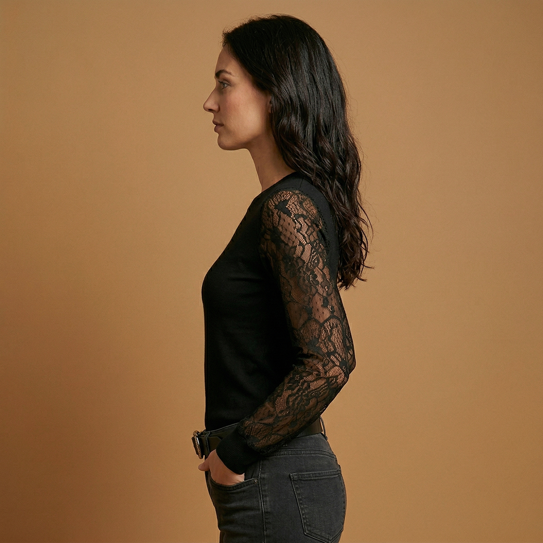 Women's V-Neck Blouse with Lace Sleeves and Lace Inserts
