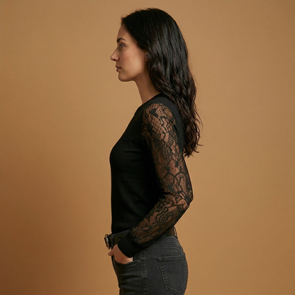Women's V-Neck Blouse with Lace Sleeves and Lace Inserts