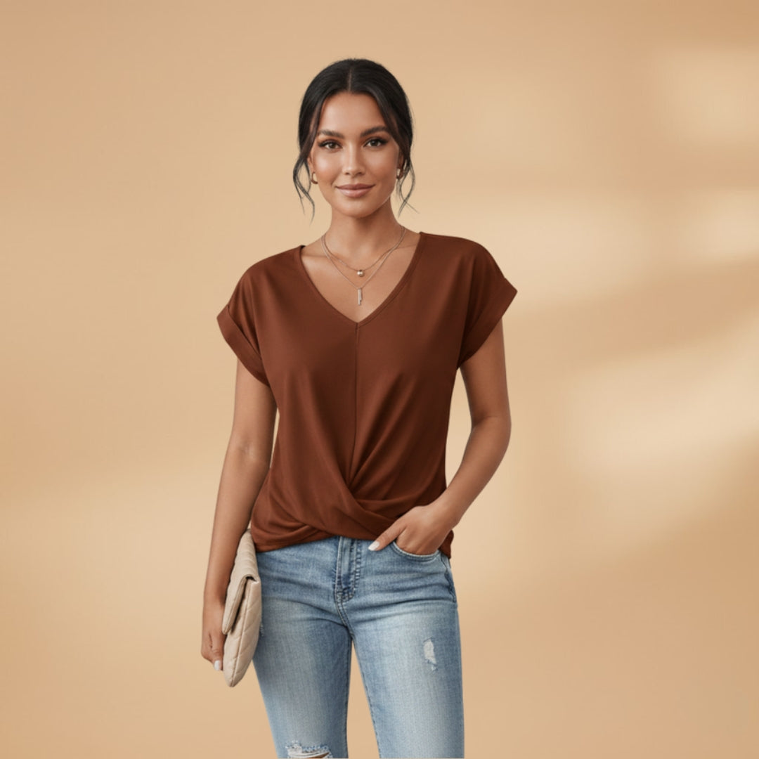 Women's V-Neck Blouse with Short Sleeves and Woven Surface