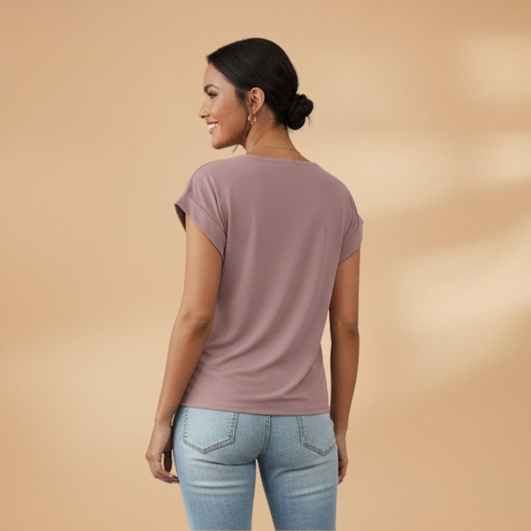 Women's V-Neck Blouse with Short Sleeves and Woven Surface