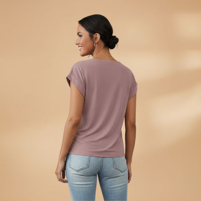Women's V-Neck Blouse with Short Sleeves and Woven Surface