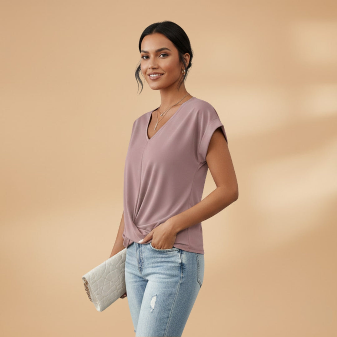 Women's V-Neck Blouse with Short Sleeves and Woven Surface