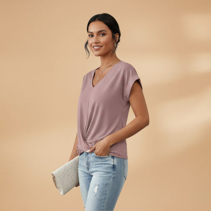 Women's V-Neck Blouse with Short Sleeves and Woven Surface