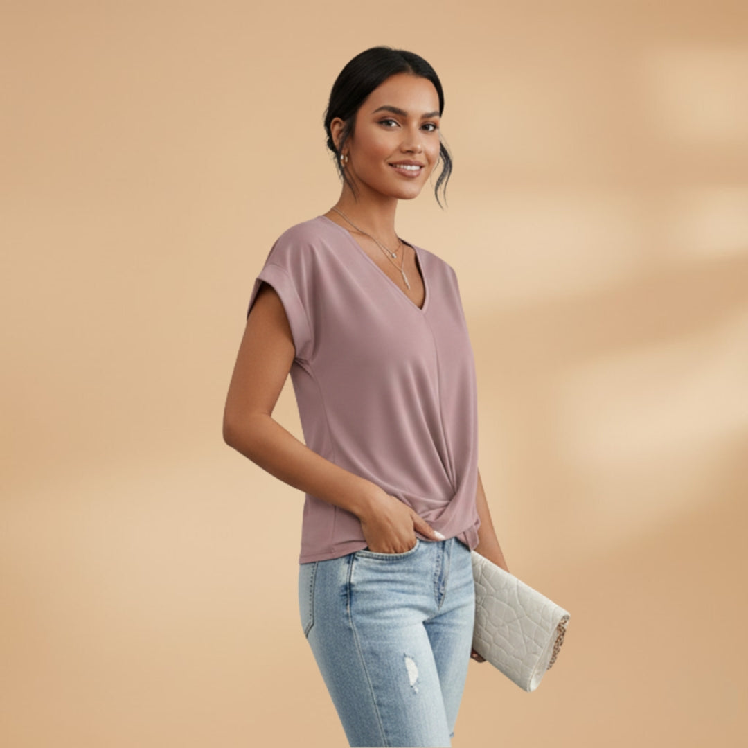 Women's V-Neck Blouse with Short Sleeves and Woven Surface