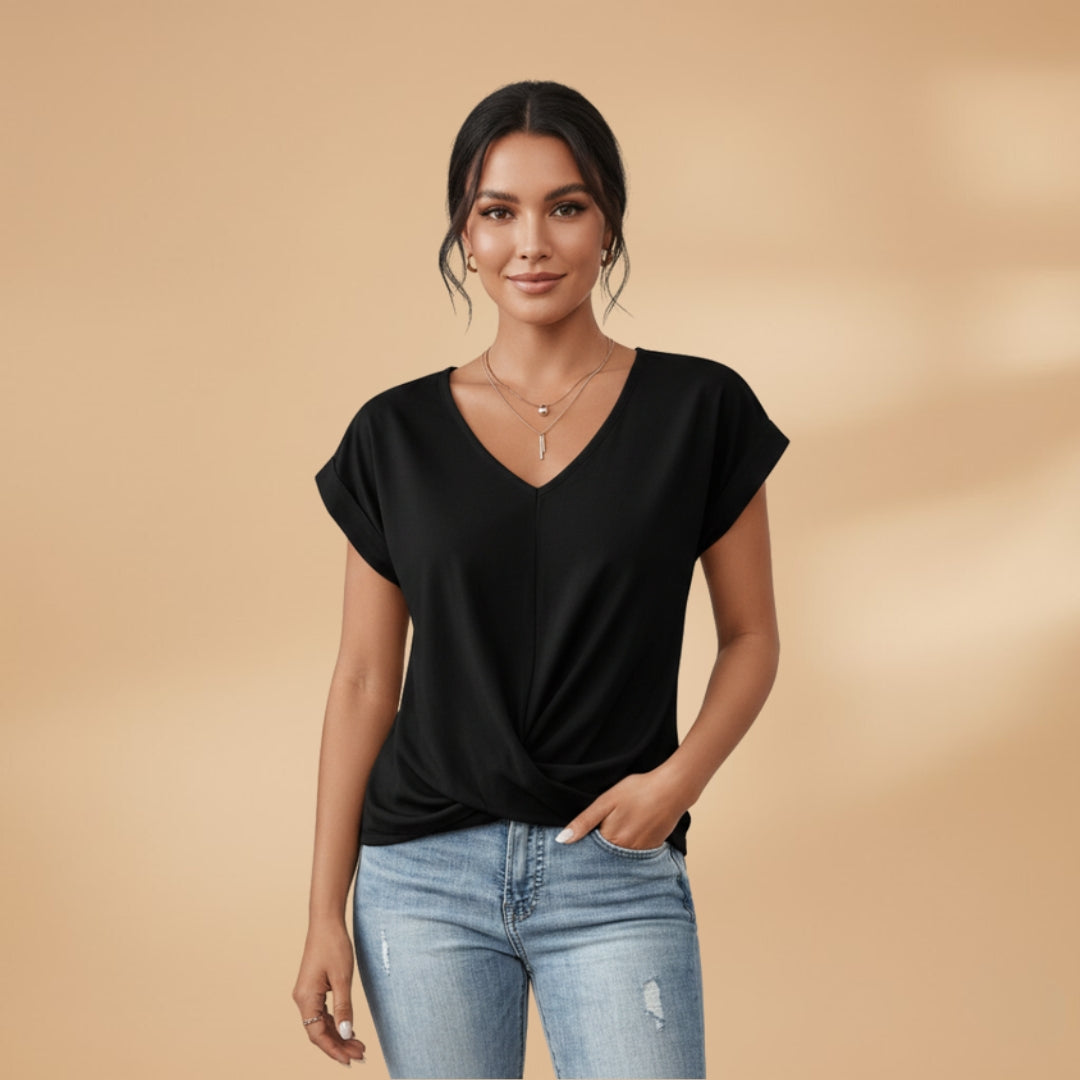 Women's V-Neck Blouse with Short Sleeves and Woven Surface