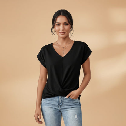 Women's V-Neck Blouse with Short Sleeves and Woven Surface