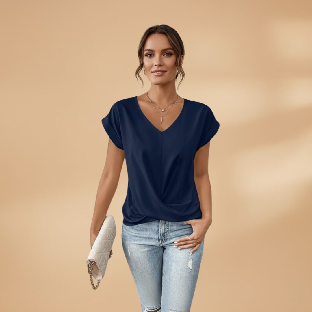 Women's V-Neck Blouse with Short Sleeves and Woven Surface