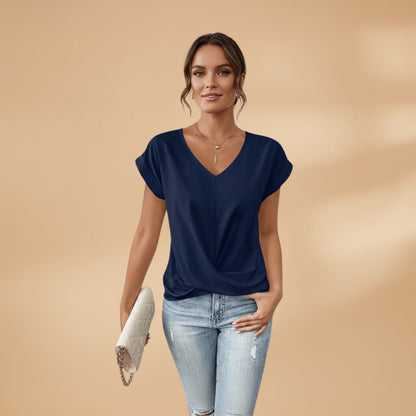 Women's V-Neck Blouse with Short Sleeves and Woven Surface