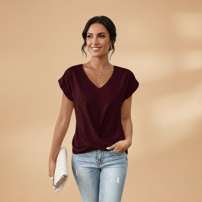 Women's V-Neck Blouse with Short Sleeves and Woven Surface