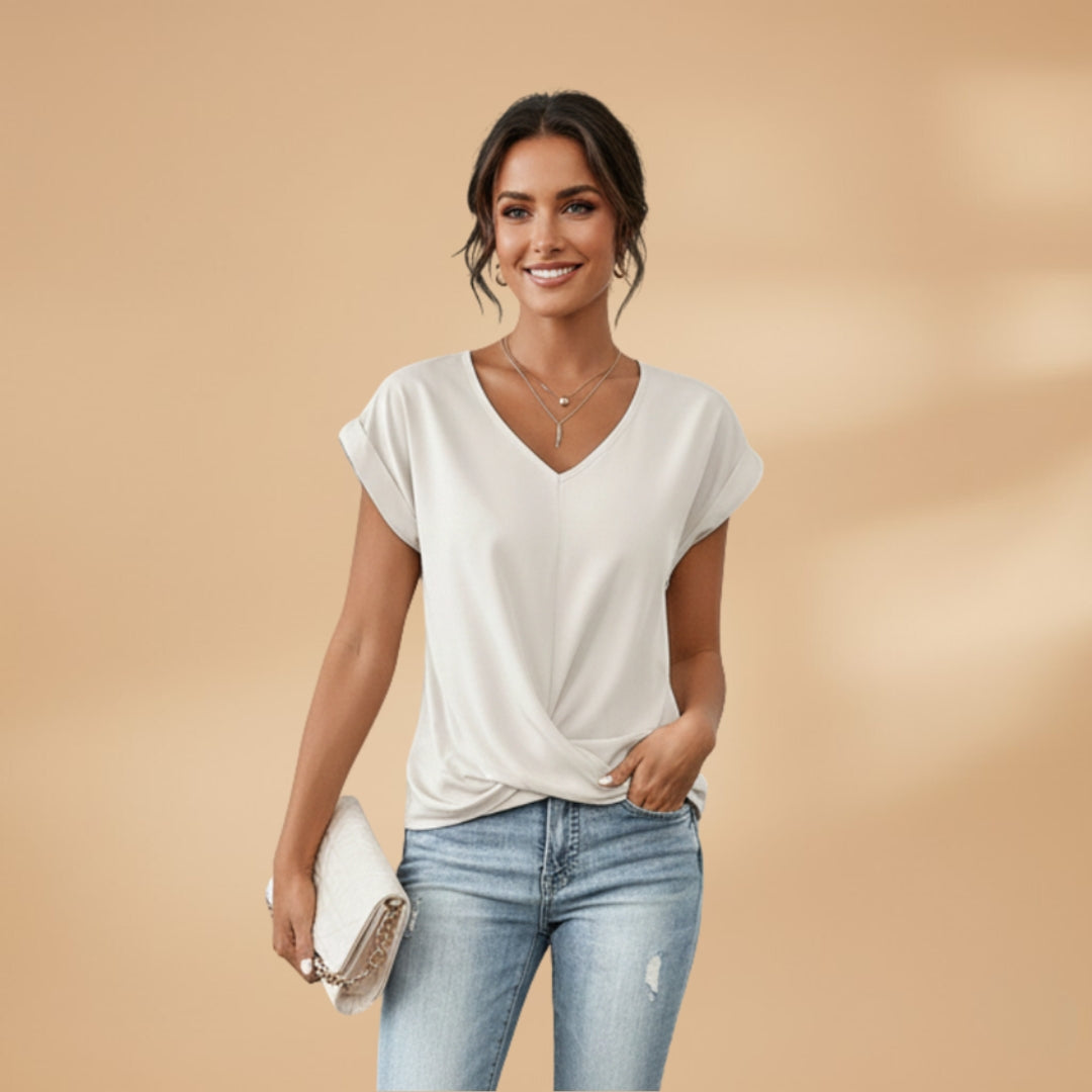 Women's V-Neck Blouse with Short Sleeves and Woven Surface