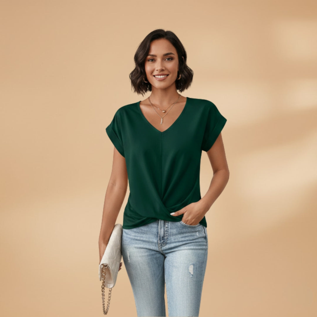 Women's V-Neck Blouse with Short Sleeves and Woven Surface