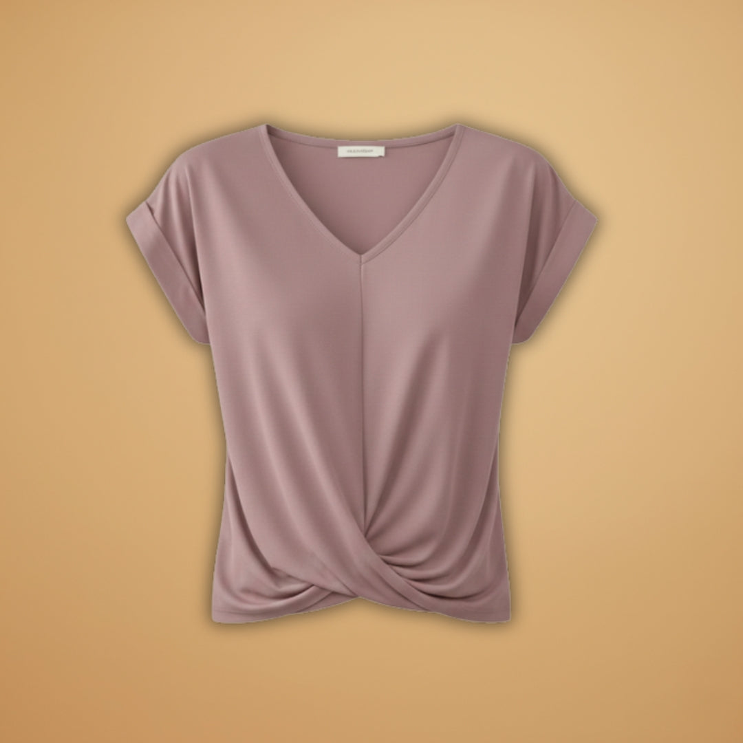 Women's V-Neck Blouse with Short Sleeves and Woven Surface