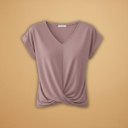 Women's V-Neck Blouse with Short Sleeves and Woven Surface