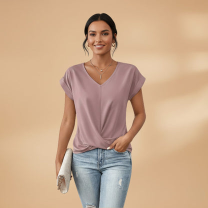 Women's V-Neck Blouse with Short Sleeves and Woven Surface