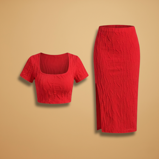 Women’s Crop Top and Maxi Skirt with Square Neckline and Side Slit