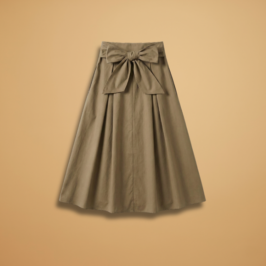 Women's High-Waisted Midi Skirt with Bow Detail and Pleated Design