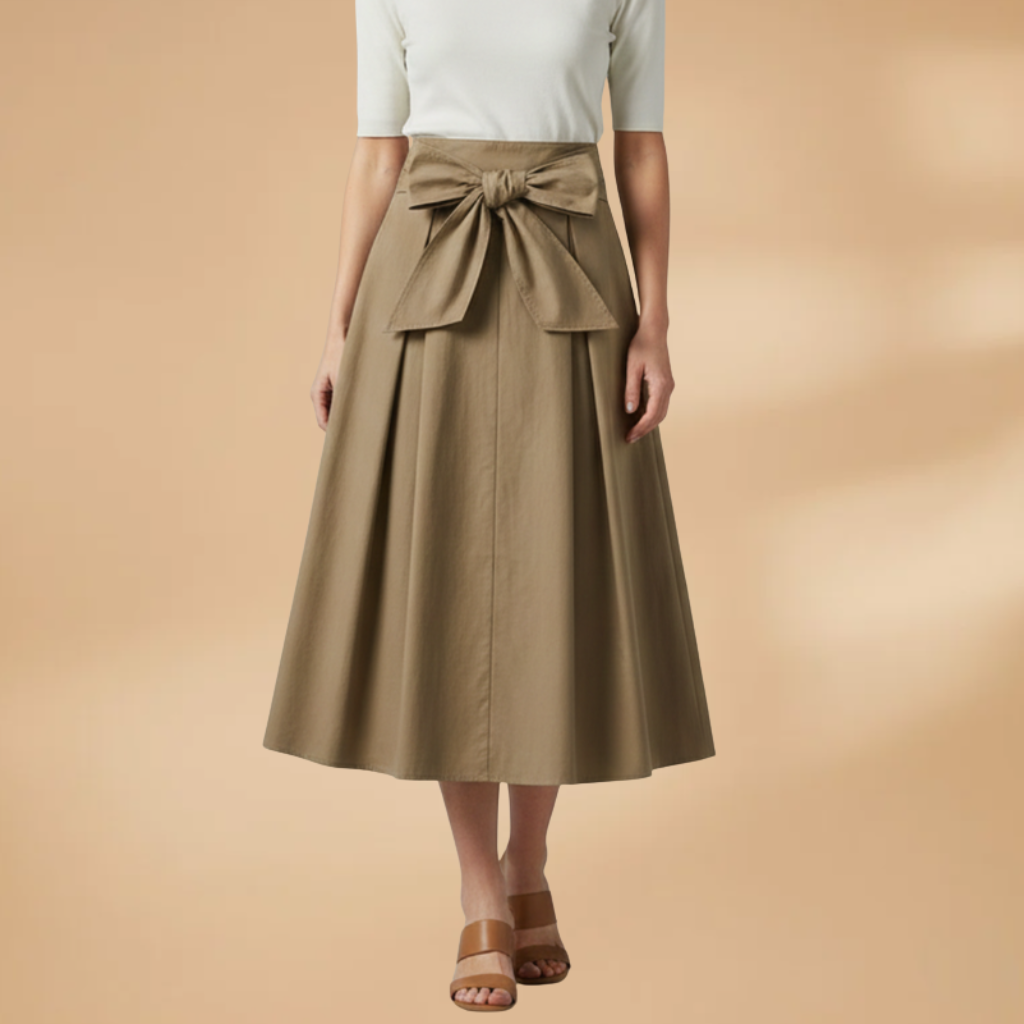 Women's High-Waisted Midi Skirt with Bow Detail and Pleated Design