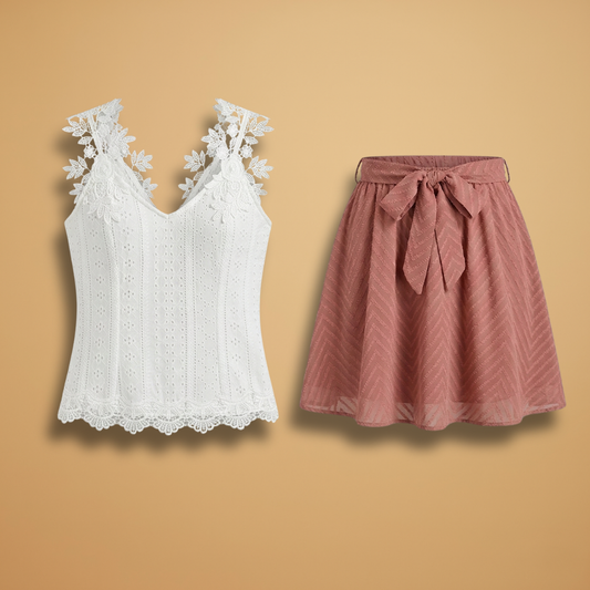 Women’s Lace Top with Floral Design and Tie-Waist Flared Skirt